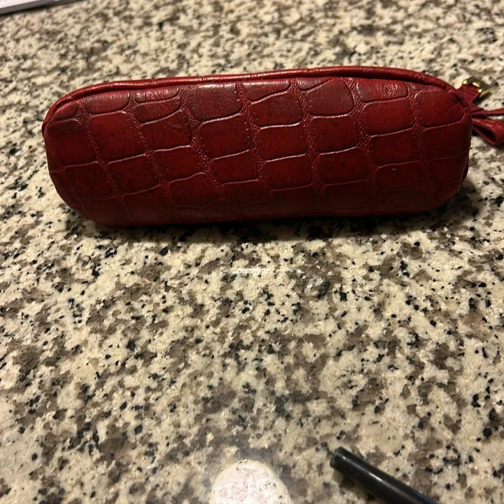 Velez Red Leather(?) Zippered Make-Up Bag w/Silver Lining. 8” W x 4 1/2” H. Good